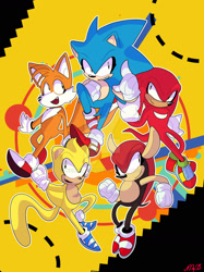 Size: 1280x1707 | Tagged: safe, artist:nebuladoq, knuckles the echidna, mighty the armadillo, miles "tails" prower, ray the flying squirrel, sonic the hedgehog, sonic mania, 2018, abstract background, deviantart watermark, eyelashes, group, male, males only, outline, signature