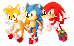 Size: 6328x3958 | Tagged: safe, artist:jazzerix, knuckles the echidna, miles "tails" prower, sonic the hedgehog, sonic mania, 2017, classic knuckles, classic sonic, classic tails, looking offscreen, male, males only, mid-air, outline, simple background, team sonic, transparent background, trio