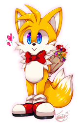 Size: 904x1375 | Tagged: safe, artist:murdx, miles "tails" prower, 2021, bowtie, cute, flower bouquet, hands behind back, heart, looking offscreen, male, signature, simple background, smile, solo, standing, tailabetes, transparent background