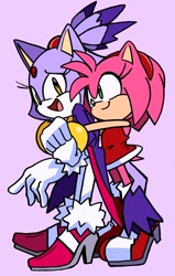 Size: 1952x3060 | Tagged: safe, artist:randomguy9991, amy rose, blaze the cat, cat, hedgehog, 2024, amy x blaze, amy's halterneck dress, blaze's tailcoat, clothes, cute, duo, female, females only, heels, hugging, hugging from behind, lesbian, purple background, shipping, shoes, simple background, smile, standing, wink