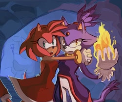 Size: 1200x1000 | Tagged: safe, artist:baylee_doodle, amy rose, blaze the cat, cat, hedgehog, 2019, amy x blaze, amy's halterneck dress, blaze's tailcoat, female, females only, flame, holding them, lesbian, looking at viewer, protecting, shipping