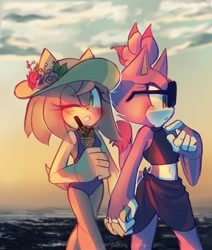 Size: 2282x2696 | Tagged: safe, artist:spacecolonie, amy rose, blaze the cat, cat, hedgehog, 2017, beach, bikini, cute, female, females only, hat, holding hands, ice cream, sarong, sunglasses, swimsuit