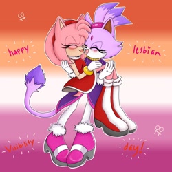 Size: 1440x1440 | Tagged: safe, artist:nursemeww, amy rose, blaze the cat, cat, hedgehog, 2021, amy x blaze, amy's halterneck dress, blaze's tailcoat, carrying them, cute, eyes closed, female, females only, lesbian, lesbian pride, open mouth, pride, shipping