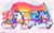 Size: 2048x1253 | Tagged: safe, artist:thegaminggoru, amy rose, miles "tails" prower, sonic the hedgehog, fox, hedgehog, 2023, abstract background, bisexual pride, classic amy, classic sonic, classic sonic (universe), classic style, classic tails, confetti, eyes closed, female, flag, holding something, looking at viewer, male, pride, pride flag, signature, smile, star (symbol), trans pride, trio, walking
