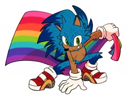Size: 2000x1500 | Tagged: safe, artist:frostiios, sonic the hedgehog, hedgehog, 2023, colored quills, hand on ground, holding something, male, pride, pride flag, simple background, smile, solo, top surgery scars, trans male, transgender, white background
