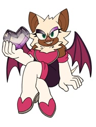 Size: 1500x2000 | Tagged: safe, artist:frostiios, rouge the bat, bat, 2023, ace, asexual pride, eyeshadow, gem, heart, holding something, legs crossed, pride, simple background, sitting, smile, solo, white background