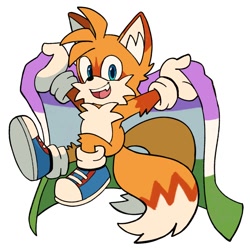 Size: 1500x1500 | Tagged: safe, artist:frostiios, miles "tails" prower, fox, 2023, blue shoes, flag, genderqueer, genderqueer pride, holding something, one fang, pride, pride flag, simple background, smile, solo, white background