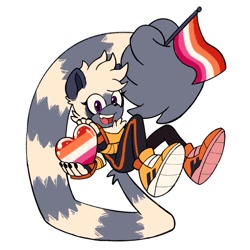Size: 1500x1500 | Tagged: safe, artist:frostiios, tangle the lemur, lemur, 2023, flag, heart, holding something, lesbian, lesbian pride, one fang, pride, pride flag, simple background, smile, solo, tail hold, white background