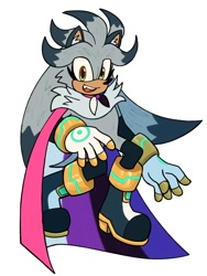Size: 1500x2000 | Tagged: safe, artist:frostiios, silver the hedgehog, hedgehog, 2023, cape, colored quills, eyelashes, genderfluid, genderfluid pride, holding something, one fang, pride, pride flag, simple background, smile, solo, white background