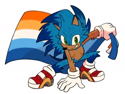 Size: 2000x1500 | Tagged: safe, artist:frostiios, sonic the hedgehog, hedgehog, 2023, ace, alternate version, aro ace pride, aromantic, colored quills, hand on ground, holding something, male, pride, pride flag, simple background, smile, solo, top surgery scars, trans male, transgender, white background