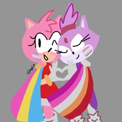 Size: 1280x1280 | Tagged: safe, artist:nietmakkelijke, amy rose, blaze the cat, cat, hedgehog, 2023, amy x blaze, blushing, cape, cute, demigirl, demigirl pride, duo, facepaint, female, grey background, heart hands, lesbian, lesbian pride, looking at viewer, pansexual, pansexual pride, pride, shipping, signature, simple background, smile, trans female, trans pride, transgender