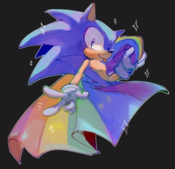 Size: 1704x1648 | Tagged: safe, artist:bonniebowlz, sonic the hedgehog, hedgehog, black background, holding something, looking at viewer, male, outline, pride, pride flag, simple background, smile, solo, star (symbol), tongue out, top surgery scars, trans male, transgender, v sign