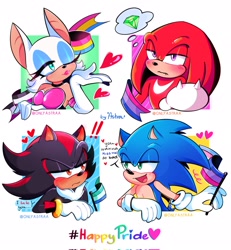 Size: 1890x2048 | Tagged: safe, artist:onlyastraa, knuckles the echidna, rouge the bat, shadow the hedgehog, bat, echidna, hedgehog, 2023, abstract background, ace, asexual pride, bisexual, bisexual pride, blushing, chaos emerald, english text, female, flirting, frown, gay, group, heart, knuxouge, lidded eyes, male, mlm pride, pansexual, pansexual pride, pride, pride flag, shadow x sonic, shipping, straight, trans male, trans pride, transgender