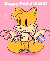 Size: 1688x2048 | Tagged: safe, artist:taeko, miles "tails" prower, fox, 2023, blue shoes, chest fluff, chibi, cute, ear fluff, english text, female, flag, heart, holding something, lesbian, lesbian pride, mobius.social exclusive, pink background, pride, pride flag, simple background, sketch, smile, solo, stick arms, stick legs, tailabetes, trans female, trans pride, transgender