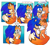 Size: 2048x1835 | Tagged: safe, artist:chickenschnitczels, miles "tails" prower, sonic the hedgehog, fox, hedgehog, abstract background, adult, crying, dialogue, duo, english text, gay, heart, hugging, kiss, looking at each other, male, males only, older, shipping, smile, sonic x tails, speech bubble, standing, tears, tears of happiness