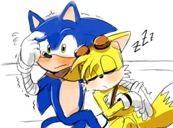 Size: 640x473 | Tagged: safe, artist:maypong, miles "tails" prower, sonic the hedgehog, fox, hedgehog, abstract background, blushing, duo, eyes closed, floppy ears, gay, leaning on them, male, males only, shipping, sitting, sketch, sleeping, sonic boom (tv), sonic x tails, zzz