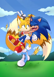 Size: 1435x2048 | Tagged: safe, artist:cjjp8, miles "tails" prower, sonic the hedgehog, fox, hedgehog, 2023, abstract background, adult, aged up, blue shoes, boots, carrying them, clouds, daytime, duo, eyes closed, gay, grass, looking at them, male, males only, older, outdoors, shipping, smile, sonic x tails, spinning tails, v sign