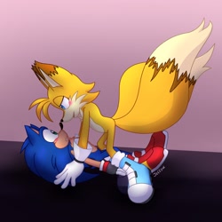 Size: 2048x2048 | Tagged: safe, artist:cjjp8, miles "tails" prower, sonic the hedgehog, fox, hedgehog, 2023, abstract background, adult, blushing, duo, gay, lidded eyes, looking at each other, lying back, male, males only, older, pinning them, shipping, signature, smile, sonic x tails
