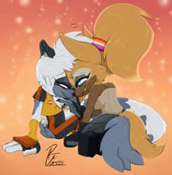 Size: 2508x2556 | Tagged: safe, artist:ridleynemrick, artist:rnemrick, tangle the lemur, whisper the wolf, lemur, wolf, 2023, abstract background, blushing, duo, heart, lesbian, lesbian pride, lidded eyes, looking at each other, pride, shipping, signature, sitting, smile, snuggling, tangle x whisper