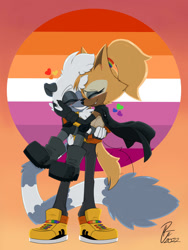 Size: 1280x1698 | Tagged: safe, artist:ridleynemrick, artist:rnemrick, tangle the lemur, whisper the wolf, lemur, wolf, 2022, blushing, carrying them, duo, eyes closed, female, females only, gradient background, heart, lesbian, lesbian pride, pride, shipping, signature, smile, standing, tangle x whisper, wagging tail