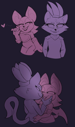 Size: 1600x2705 | Tagged: safe, artist:dragon-cookies, blaze the cat, rouge the bat, bat, cat, 2021, blazouge, duo, female, females only, flirting, heart, holding each other, lesbian, purple background, shipping, simple background, smile, standing