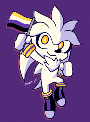 Size: 1000x1343 | Tagged: safe, artist:maareyas, silver the hedgehog, hedgehog, 2023, chibi, cute, flag, holding something, looking at viewer, nonbinary, nonbinary pride, pride, pride flag, purple background, silvabetes, simple background, smile, solo