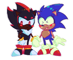 Size: 454x375 | Tagged: safe, artist:fairytypez, shadow the hedgehog, sonic the hedgehog, hedgehog, 2021, blushing, chibi, classic shadow, classic sonic, classic style, cute, eyes closed, frown, gay, holding hands, looking away, male, males only, outline, shadow x sonic, shipping, smile, standing