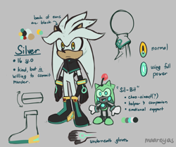 Size: 1439x1198 | Tagged: safe, artist:maareyas, bit, silver the hedgehog, hedgehog, aged up, character sheet, english text, poncho, psychokinesis, redesign, signature, yellow eyes