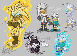 Size: 2200x1600 | Tagged: safe, artist:maareyas, infinite the jackal, silver the hedgehog, hedgehog, angry, character sheet, english text, poncho, psychokinesis, venice the hedgehog, younger