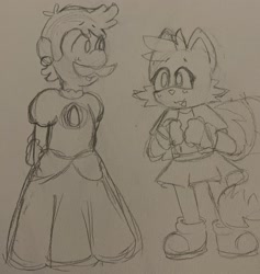 Size: 1941x2048 | Tagged: safe, artist:aurorabeamz, miles "tails" prower, fox, crossover, dress, duo, female, females only, jacket, looking at each other, luigi, simple background, sketch, skirt, smile, standing, traditional media, trans female, transgender