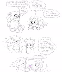 Size: 1769x2048 | Tagged: safe, artist:sonicattos, miles "tails" prower, nicky, sonic the hedgehog, fox, hedgehog, dialogue, duo, english text, female, male, simple background, sitting, speech bubble, standing, thought bubble, top surgery scars, trans female, trans male, transgender, trio, white background