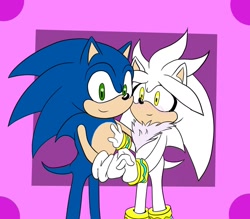 Size: 1677x1468 | Tagged: safe, artist:sonicmiku, silver the hedgehog, sonic the hedgehog, hedgehog, blue fur, blushing, gay, gloves, green background, holding hands, looking at viewer, shipping, sonilver, white fur, yellow eyes