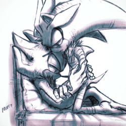 Size: 1024x1024 | Tagged: suggestive, artist:moccacino-chan, mephiles the dark, silver the hedgehog, bandage, gay, mephilver, monochrome, shipping, signature, white background
