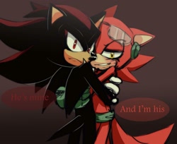 Size: 1870x1525 | Tagged: safe, artist:pirog-art, gadget the wolf, shadow the hedgehog, hedgehog, wolf, blushing, english text, gay, hugging, shadget, shipping, speech bubble
