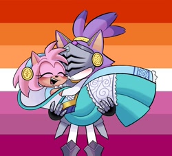 Size: 1100x1000 | Tagged: safe, artist:chippuyon, amy rose, blaze the cat, nimue, cat, hedgehog, sonic and the black knight, 2019, amy x blaze, blushing, cute, eyes closed, female, females only, knight armor, lesbian, lesbian pride, mouth open, pride, shipping, sir percival