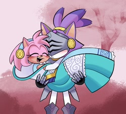 Size: 1100x1000 | Tagged: safe, artist:chippuyon, amy rose, blaze the cat, nimue, cat, hedgehog, sonic and the black knight, 2019, alternate version, amy x blaze, blushing, carrying them, cute, eyes closed, female, females only, knight armor, mouth open, sir percival