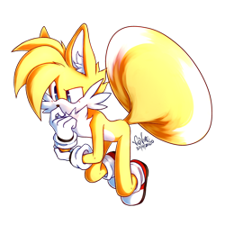 Size: 3500x3500 | Tagged: safe, artist:velvedd, miles "tails" prower, fox, 2020, ear fluff, flying, looking offscreen, male, signature, simple background, solo, spinning tails, transparent background