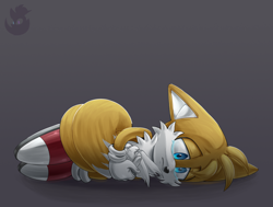 Size: 2000x1515 | Tagged: safe, artist:vergilmccloud, miles "tails" prower, fox, 2022, crying, floppy ears, grey background, holding tail, lying on side, male, sad, simple background, solo, tears, tears of sadness