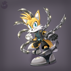 Size: 2000x2000 | Tagged: safe, artist:vergilmccloud, miles "tails" prower, nine, fox, sonic prime, 2022, angry, clenched fist, clenched teeth, fighting pose, frown, grey background, looking at viewer, male, simple background, solo