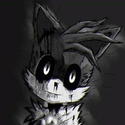 Size: 3464x3464 | Tagged: semi-grimdark, artist:reigrent, miles "tails" prower, oc, oc:tails.exe, fox, 2023, black and white, black sclera, bleeding from eyes, bleeding from mouth, blood, blood stain, greyscale, looking at viewer, male, messy fur, nosebleed, smile, solo