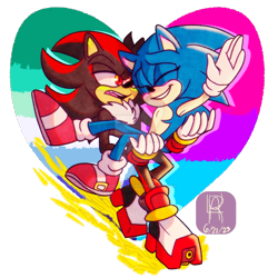 Size: 1280x1281 | Tagged: safe, artist:shade-tee-234, shadow the hedgehog, sonic the hedgehog, hedgehog, 2023, bisexual, bisexual pride, blushing, carrying them, duo, gay, heart, looking at them, male, males only, mlm pride, semi-transparent background, shadow x sonic, shipping, signature, skating, smile, top surgery scars, trans male, transgender