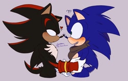 Size: 1202x762 | Tagged: safe, artist:smugperson, shadow the hedgehog, sonic the hedgehog, hedgehog, 2023, blushing, duo, frown, gay, heart, holding them, lidded eyes, looking at each other, male, males only, mouth open, nose boop, noses are touching, purple background, question mark, shadow x sonic, shipping, simple background, sonic boom (tv)