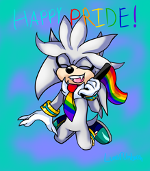 Size: 2940x3360 | Tagged: safe, artist:mslunarumbreon, silver the hedgehog, hedgehog, 2023, abstract background, english text, eyes closed, flag, gay pride, happy, holding something, kneeling, male, mouth open, one fang, pride, pride flag, smile, solo, tie