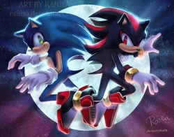 Size: 1150x900 | Tagged: safe, artist:ranisa, shadow the hedgehog, sonic the hedgehog, hedgehog, sonic adventure 2, 2017, abstract background, duo, frown, looking at viewer, male, males only, mid-air, moon, redraw