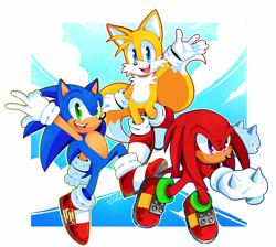 Size: 1024x916 | Tagged: safe, artist:danielasdoodles, knuckles the echidna, miles "tails" prower, sonic the hedgehog, echidna, fox, hedgehog, sonic heroes, 2020, abstract background, looking at viewer, looking offscreen, male, males only, mid-air, redraw, smile, team sonic, trio