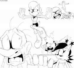 Size: 2048x1895 | Tagged: safe, artist:fartist2020, nicole the hololynx, sally acorn, snively robotnik, tangle the lemur, black and white, reference inset