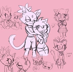 Size: 1242x1229 | Tagged: safe, artist:mochapee_slay, amy rose, blaze the cat, cat, hedgehog, 2022, amy x blaze, cute, english text, female, females only, holding hands, hugging from behind, lesbian, looking at each other, schoolgirl outfit, shipping, sketch