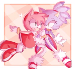 Size: 1830x1670 | Tagged: safe, artist:capitalcalamiti, amy rose, blaze the cat, cat, hedgehog, 2022, amy x blaze, amy's halterneck dress, blaze's tailcoat, blushing, cute, female, females only, hand on arm, heart, lesbian, looking at each other, shipping