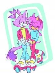 Size: 1351x1888 | Tagged: safe, artist:double kickflip, amy rose, blaze the cat, cat, hedgehog, 2020, amy x blaze, cute, eyes closed, female, females only, holding hands, lesbian, rollerskates, shipping
