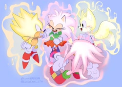 Size: 1650x1169 | Tagged: safe, artist:lucia88956289, amy rose, knuckles the echidna, miles "tails" prower, sonic the hedgehog, super knuckles, super sonic, super tails, sonic superstars, classic amy, classic knuckles, classic sonic, classic tails, super amy, super form